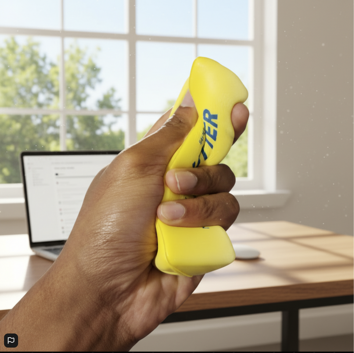 Hand holding a yellow butter squishy with a laptop on a desk in the background