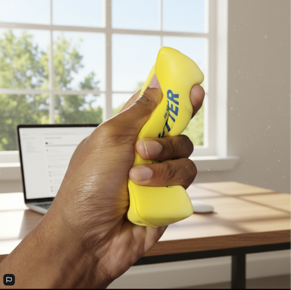 Hand holding a yellow butter squishy with a laptop on a desk in the background